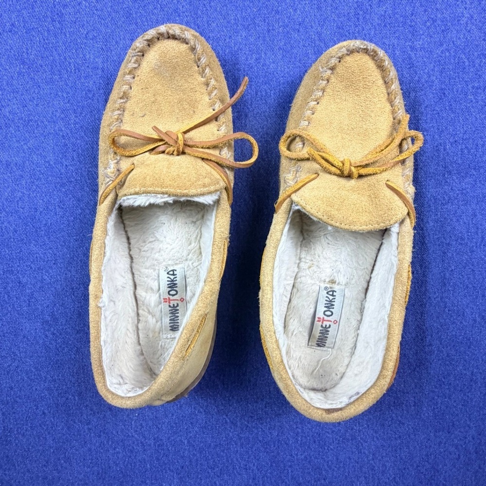 Minnetonka Suede Faux Fur Lined Moccasin Slippers Tan Brown Womens 9